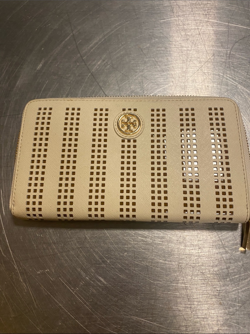 Tory Burch Cream Perforated Zip-Around Wallet with Gold Logo